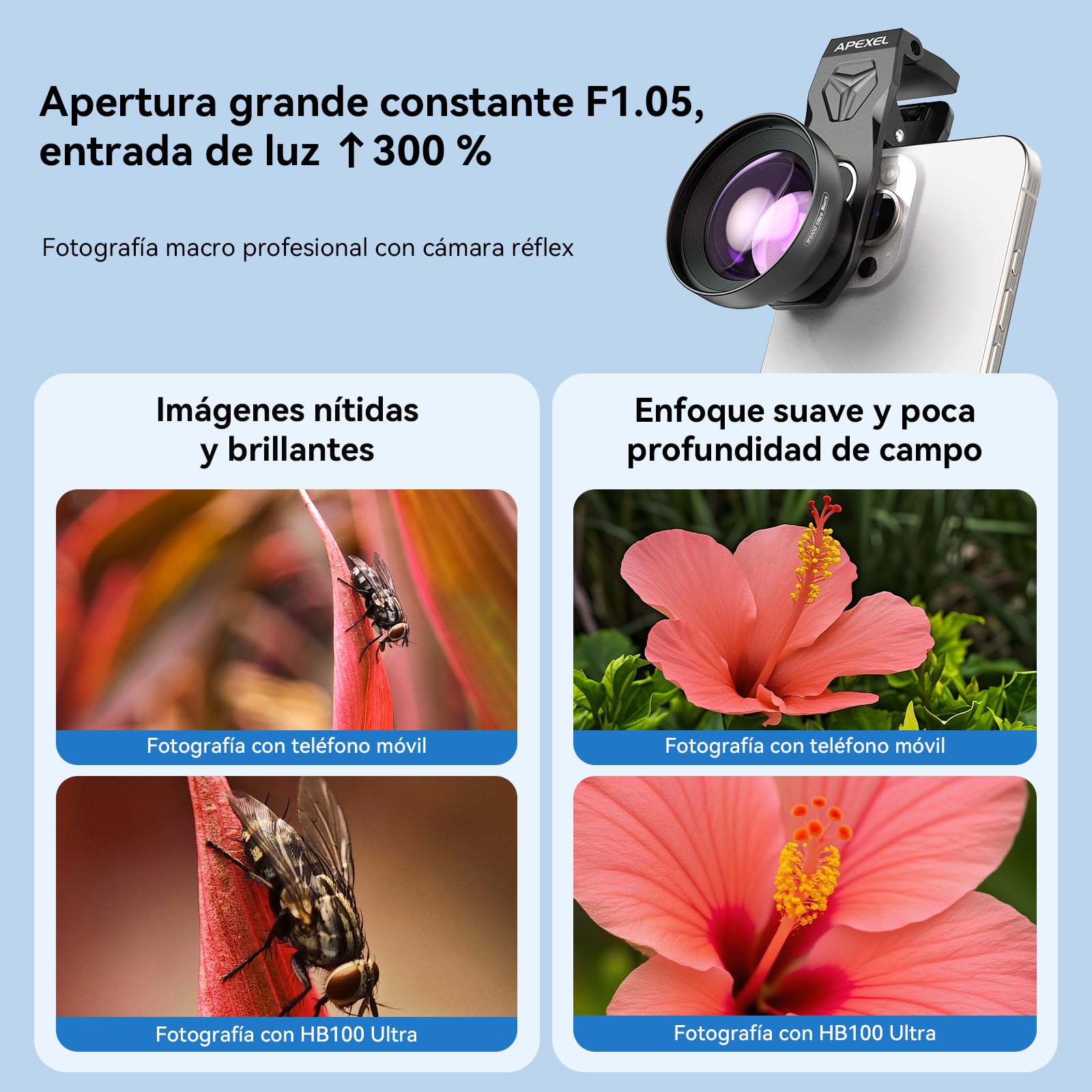 APEXEL HB100 Ultra Lente Macro HD F1.05 con 45 Modos Luz & Revestimiento AF,Lentes para Teléfonos Móviles iPhone, Samsung y Pixel