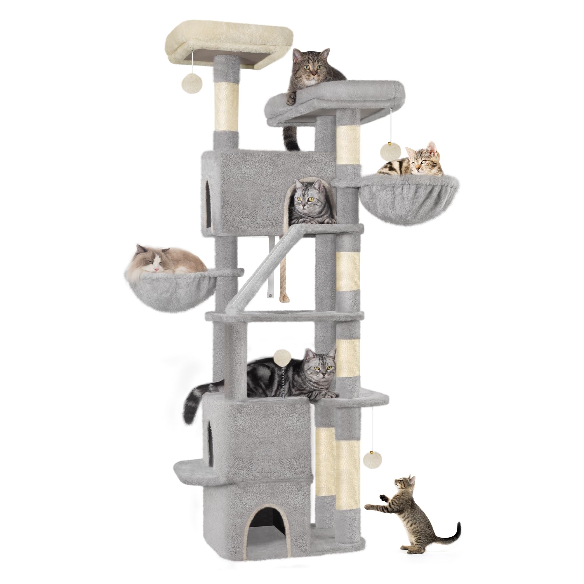 Hzuaneri 185 cm Cat Tree, Large Cat Tower for Indoor Cats, Cats House Furniture with Scratching Ramp, 2 Platforms, 3 Condos, 6 Scratching Posts, 2 Baskets, Pompoms, Light Grey MS18818LG