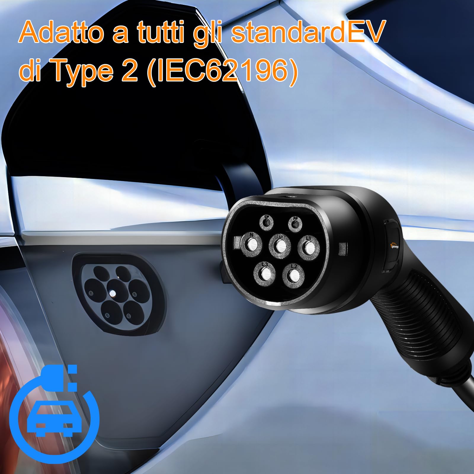 Cavo Ricarica Auto Elettrica Tipo 2 - 3.6KW - Spina Schuko - 10/13/16A Regolabile - IP66 - 6 Metri - Foto 5