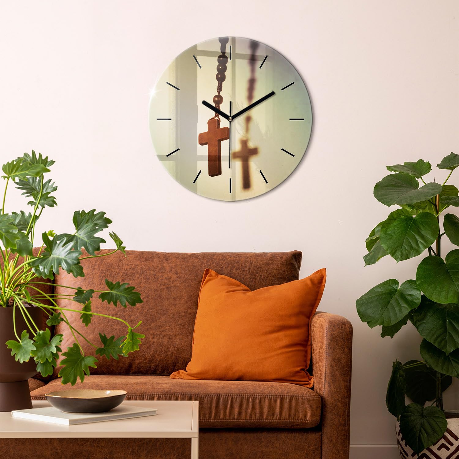 Sacroarte 60cm Reloj de Vidrio Funcionamiento silencioso Fe Biblia Reloj Reloj de Pared Manecillas de Reloj Negras - Rosario de Madera