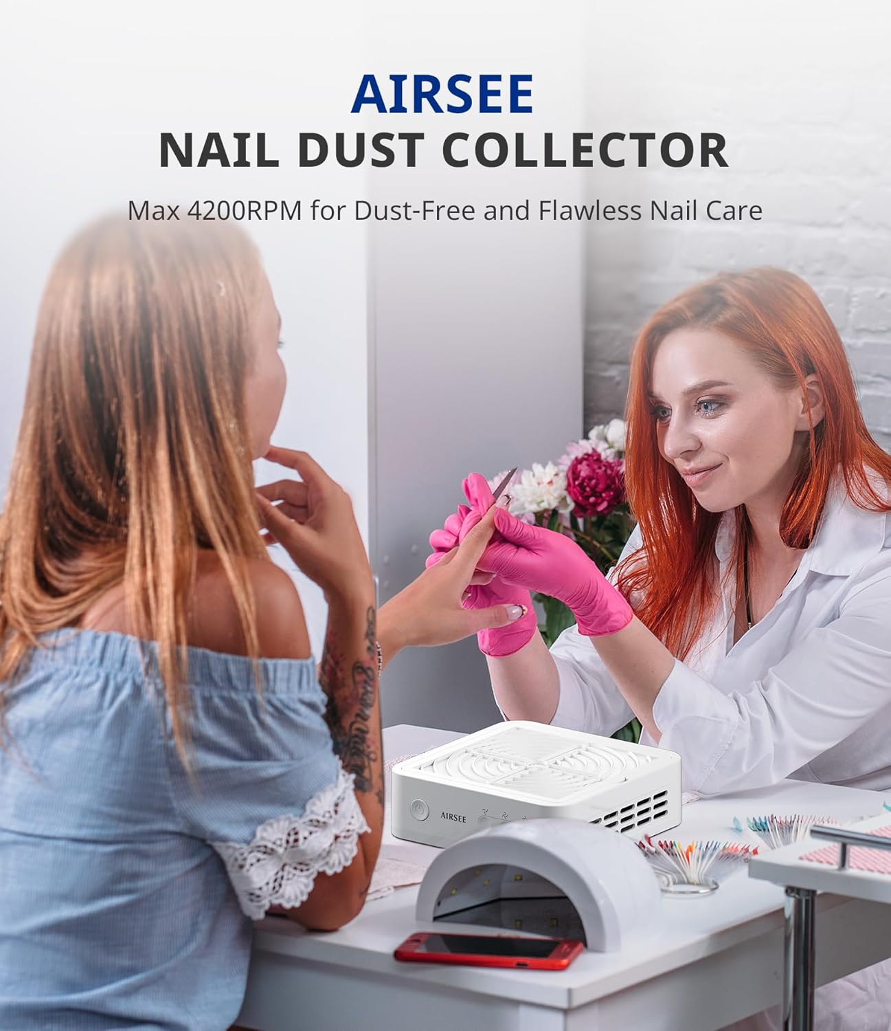AIRSEE Professional Nail Dust Collector for Nail Tech, Upgraded 4200RPM Powerful Suction Nail Vacuum, 3-Level Adjustable Fan, Reusable Filter, Extractor for Acrylic Nails Manicure Salon Home (ND503)