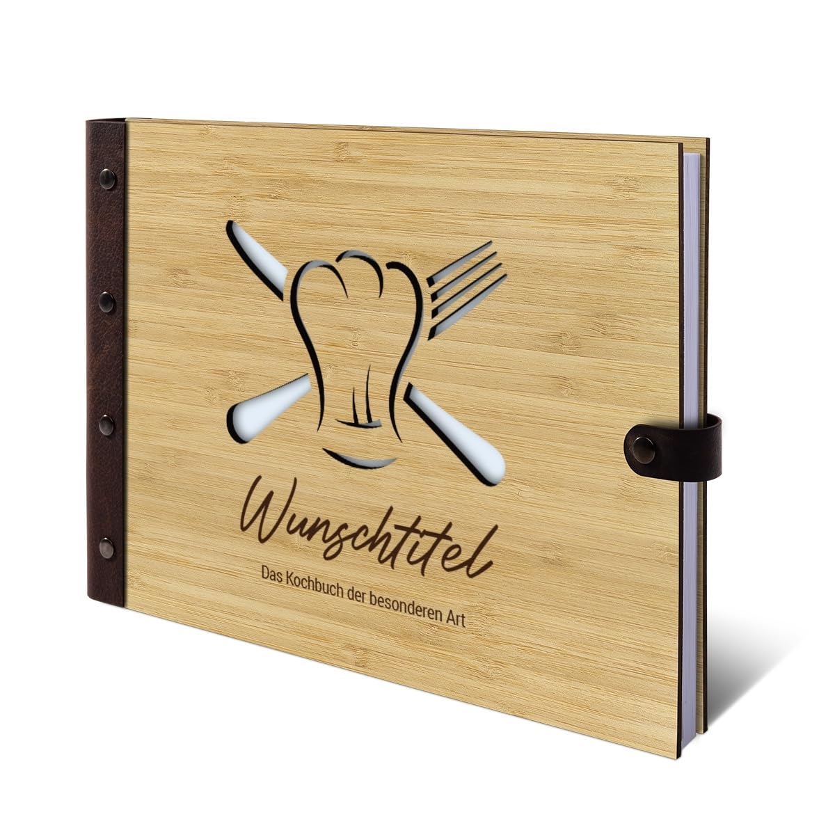Personalisiertes Kochbuch echtes Holz DIN A4 Rezeptbuch zum selber Ausfüllen mit Lasergravur - Kochmütze - mit 72 Blatt / 144 Seiten Naturpapier Weiß