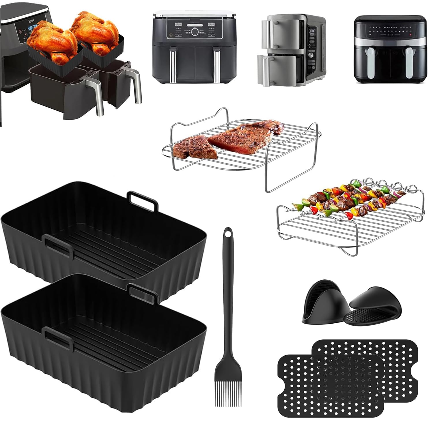 Accessori Per Air Fryer – 2 Pezzi Griglia In Acciaio Inox 304, Con Portaspiedini E 4 Spiedini, Guanti In Silicone, Compatibile Ninja Foodi AF300/400/500EU - 5