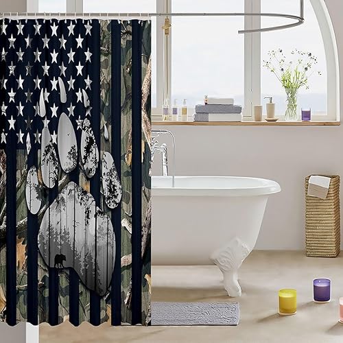 Miniatura 3 de Cortina de ducha con bandera americana, estampado de patas de oso y animales salvajes, cortina de baño para niños y niños, cortina de baño