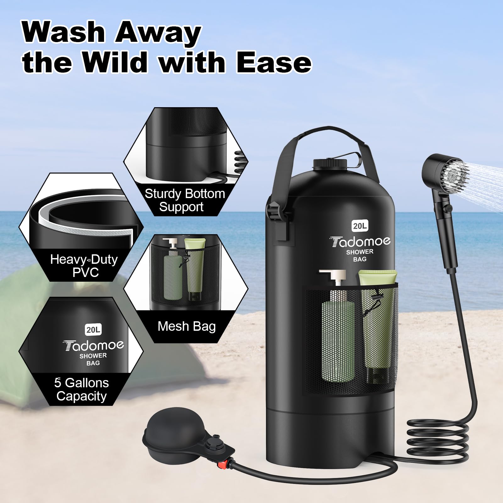 Douche portable pour camping, sac de douche de 20 litres pour le camping avec sac en maille, pompe à pied améliorée et pommeau de douche portable offrant une expérience de douche à domicile