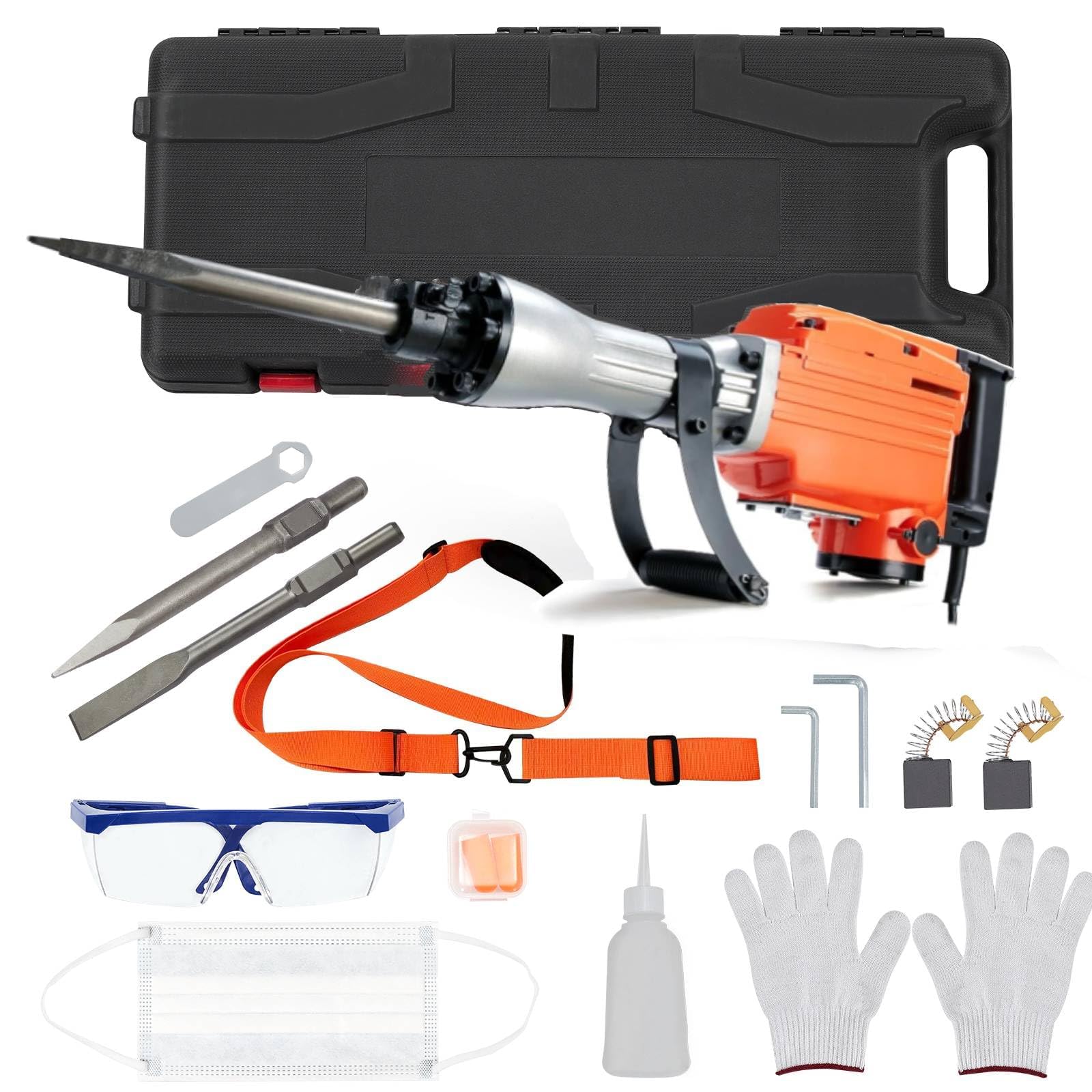 Abbruchhammer 2200W Elektrischer -Schlaghammer für Beton und Mauerwerk | 1700 BPM, inkl. 4 Meißel, Transportkoffer, Handschuhe & Gehörschutz – Ideal für Renovierung und Bauarbeiten