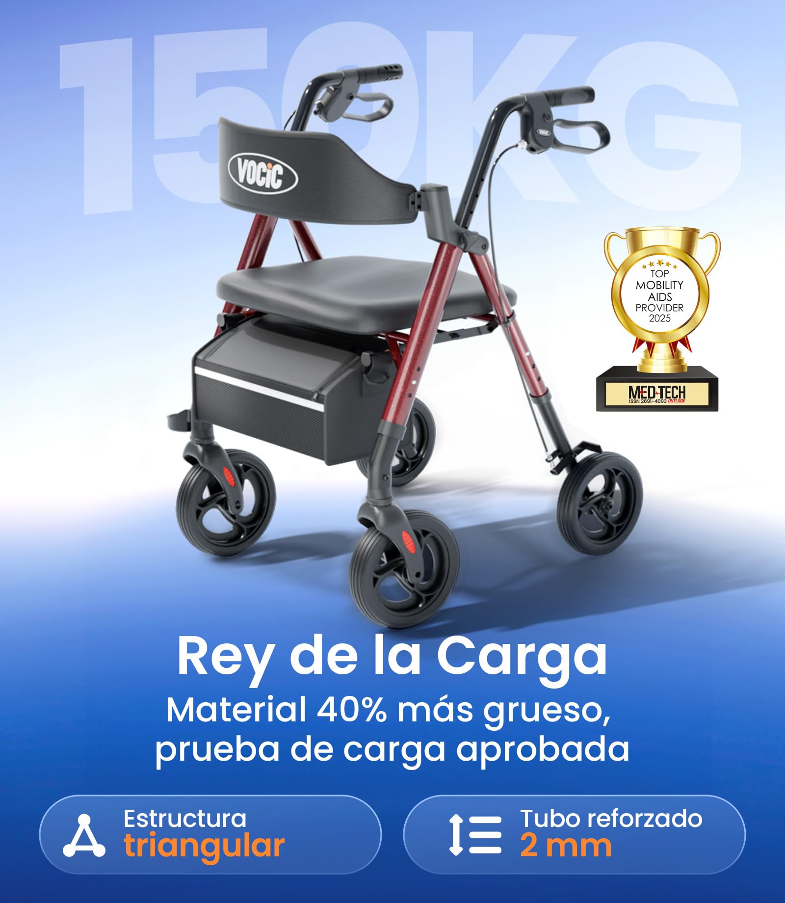 VOCIC Andador plegable y ligero con asiento, andadores estrechos para apartamentos, andadores para personas mayores, plegable con neumáticos de 20 cm para todo terreno, asiento y mango de altura