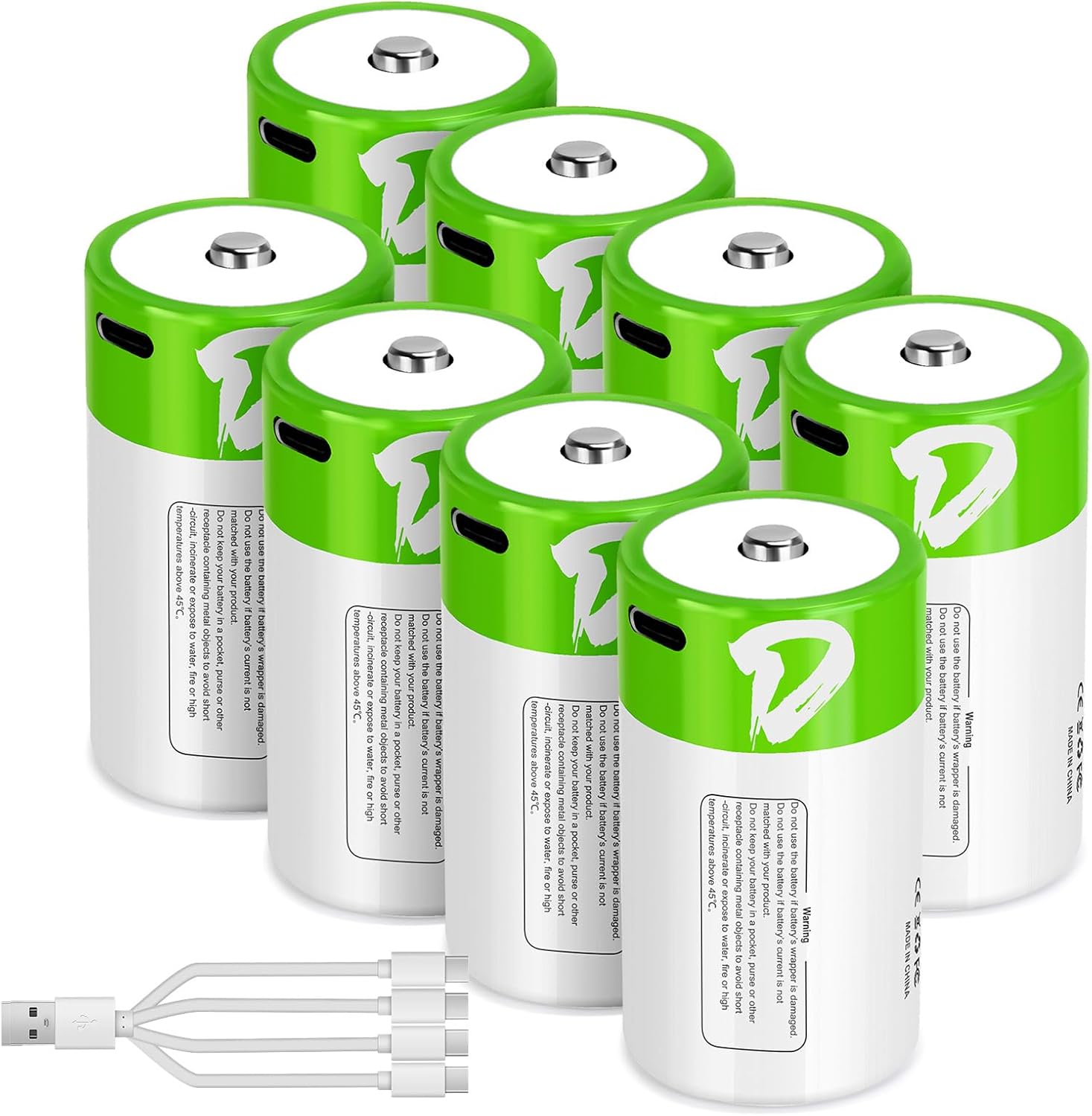D Batteries Rechargeable 8 Pack with4 in 1 USBC Charging Cable D Size Cell Lithium Batteries 7500mWh 1.5V for Flashlights, Toys, and Floodlights