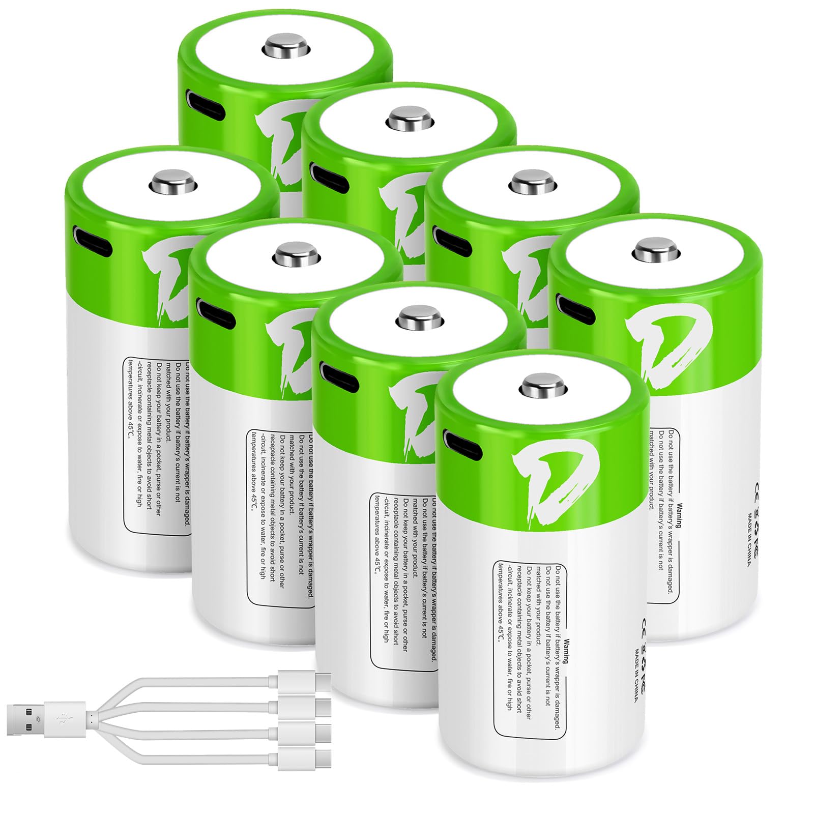 D Batteries Rechargeable 8 Pack with4 in 1 USBC Charging Cable D Size Cell Lithium Batteries 7400mWh 1.5V for Flashlights, Toys, and Floodlights