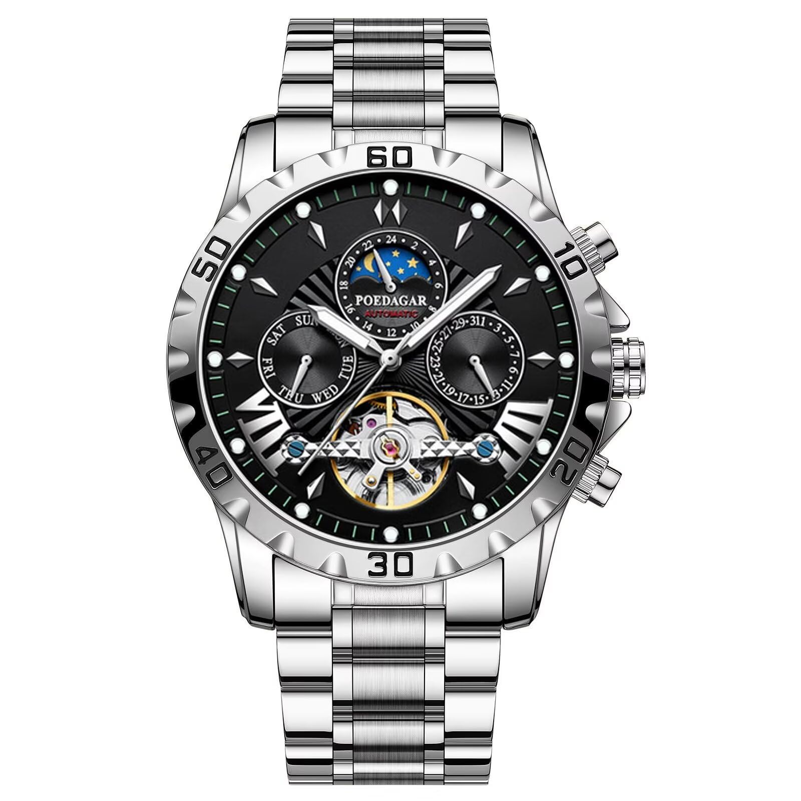Orologio da polso da uomo, alla moda, con tourbillon, orologio meccanico da uomo, cinturino in acciaio inox, fasi lunari, orologi automatici impermeabili e luminosi