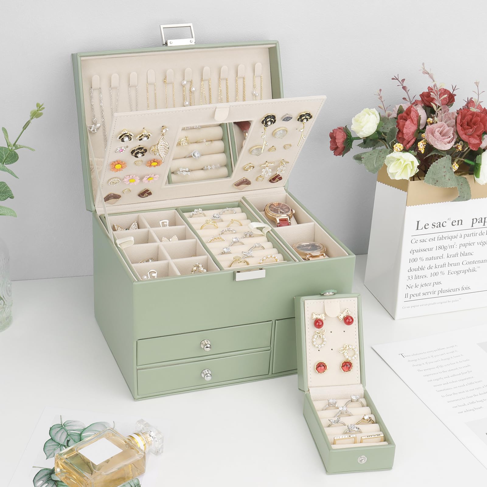 Schmuckkästchen, 3 Ebenen großer PU Leder Reise Schmuckschatulle mit tragbarer Mini-Box für Reisen, Schmuckbox mit Spiegel für Halsketten, Ohrringe, Ringe, Uhren, Avocadogrün