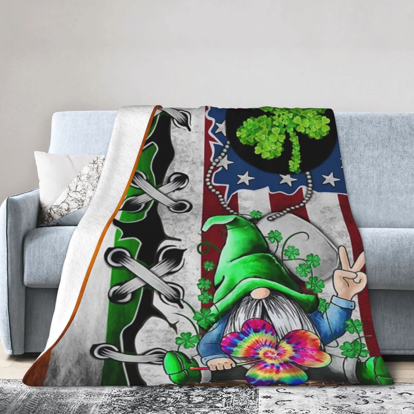 Lsjuee Flannel Fleece Blanket 50"X40" Gnome St Patrick‘s Day Bed Throw Blanket Quality Ultra-Soft Travel Spring Blankets for Girls Keep Warm