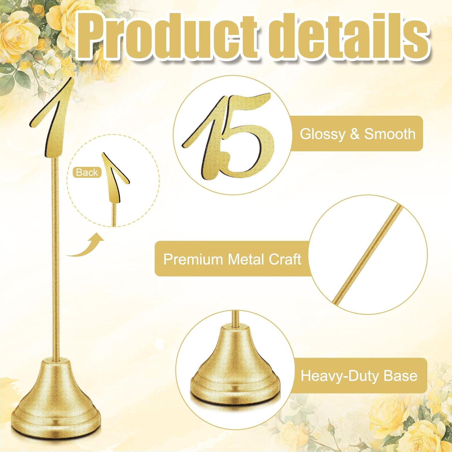 Maitys 15 Pcs Metal Table Numbers 1-15 with Weighted Base 8 Inch Table Number Stands for Wedding Reception, Party, Anniversary, Birthday Banquet(Gold)