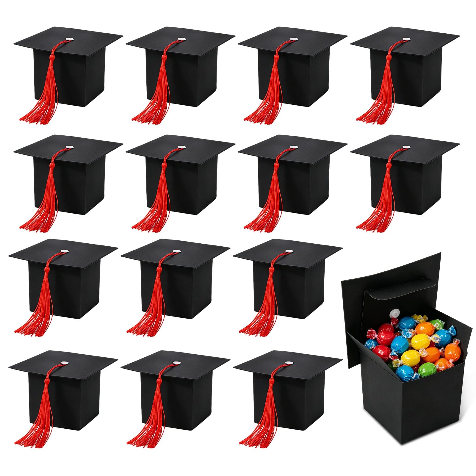 ZDNT 30 Pcs Graduation Candy Boxes,Doctoral Cap Shaped Gift Box,Graduation Hat Shaped Candy Box,Black Candy Chocolate Sweet Boxes with Red Tassel for Party Favors,Ceremony