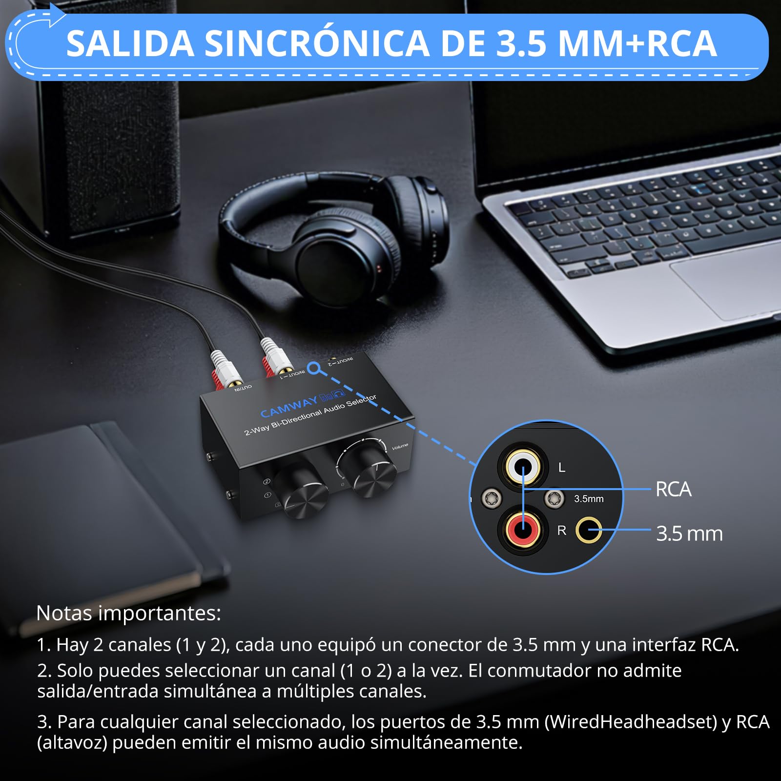 CAMWAY 1x2/2x1 Conmutador de Audio Bidireccional (RCA y 3.5mm) con Control de Volumen e Interruptor Off, Conmutador Estéreo R/L, para Altavoces, Auriculares, Amplificadores, Reproductores de CD