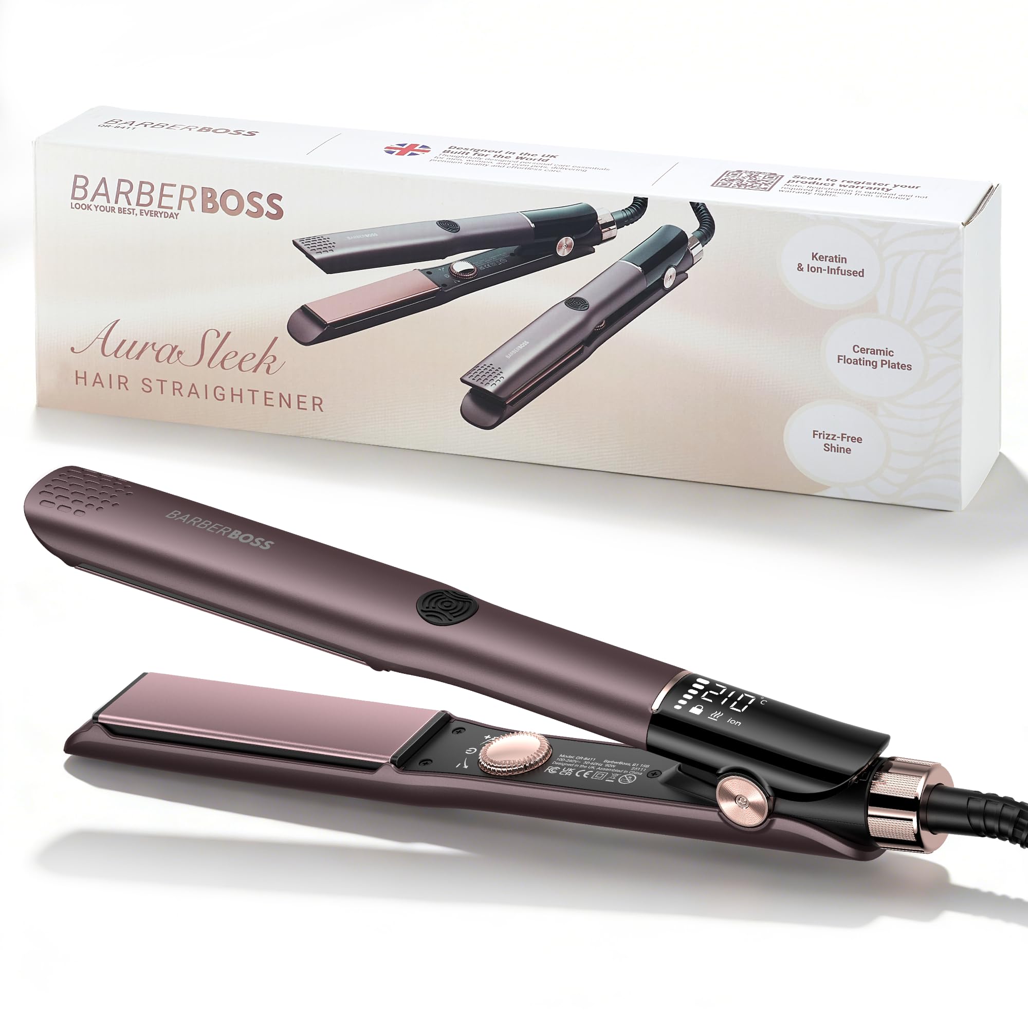 BarberBoss Hair Straighteners for Women, Ceramic Hair Straightener with Floating Plates, Negative Ion & Keratin Infusion, Flat Iron Hair Styler for Straightening, Smoothing & Frizz Control, (QR-8411)