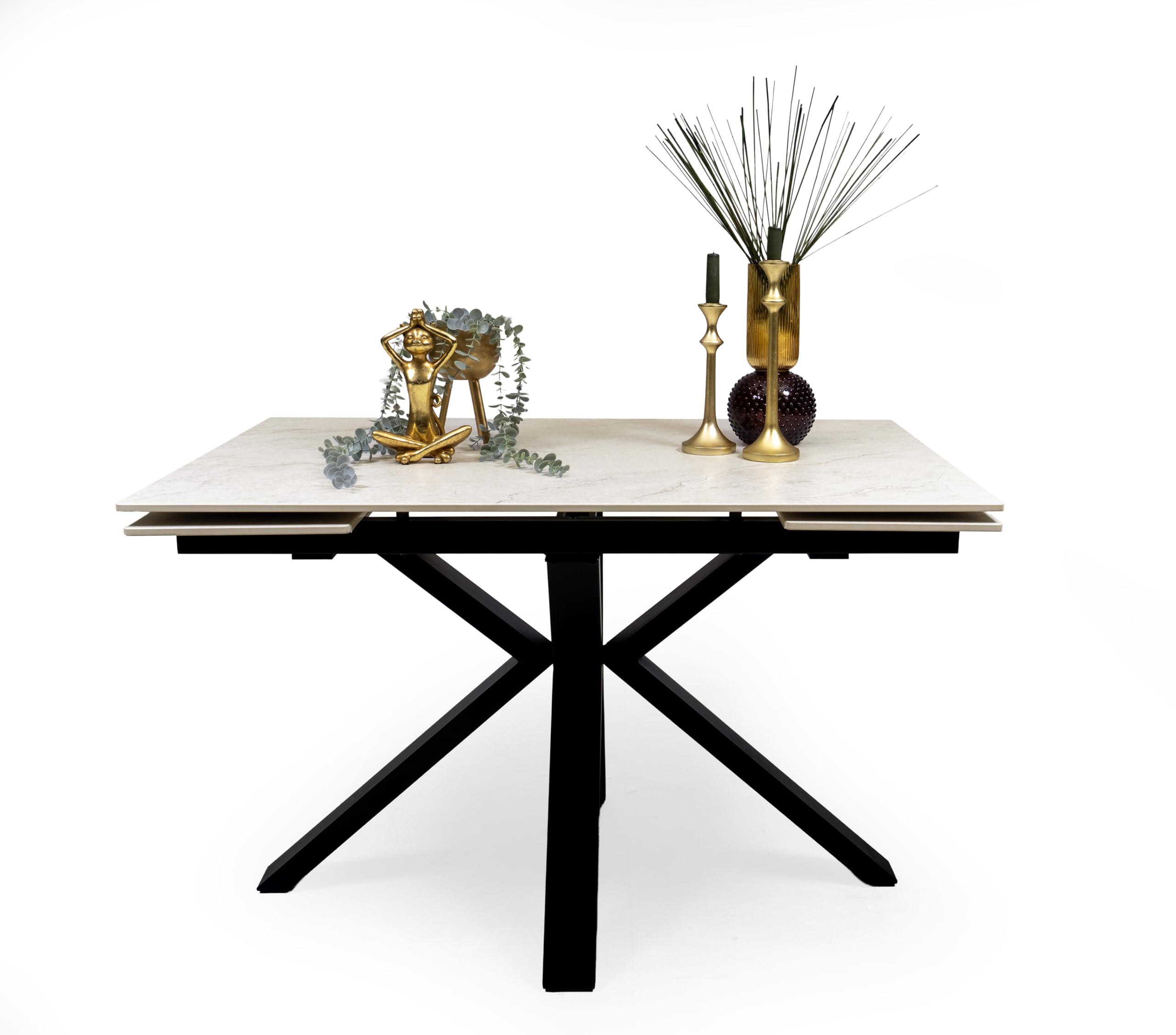 Homely® | Mesa de Comedor Extensible Marble con Tapa Porcelánica 120-180x80 cm | Acabado Efecto Mármol Boticcino Beige | Patas Metálicas Negras | Mesa Cocina, Comedor Moderna