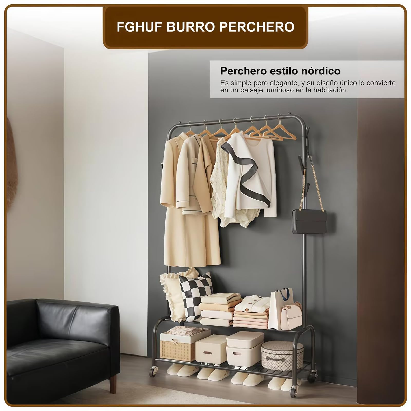 Perchero Metálico Con Ruedas, Burro De Ropa Resistente, Puede Guardar Ropa, Sombreros, Bolsos Y Zapatos (Negro, 90 cm)