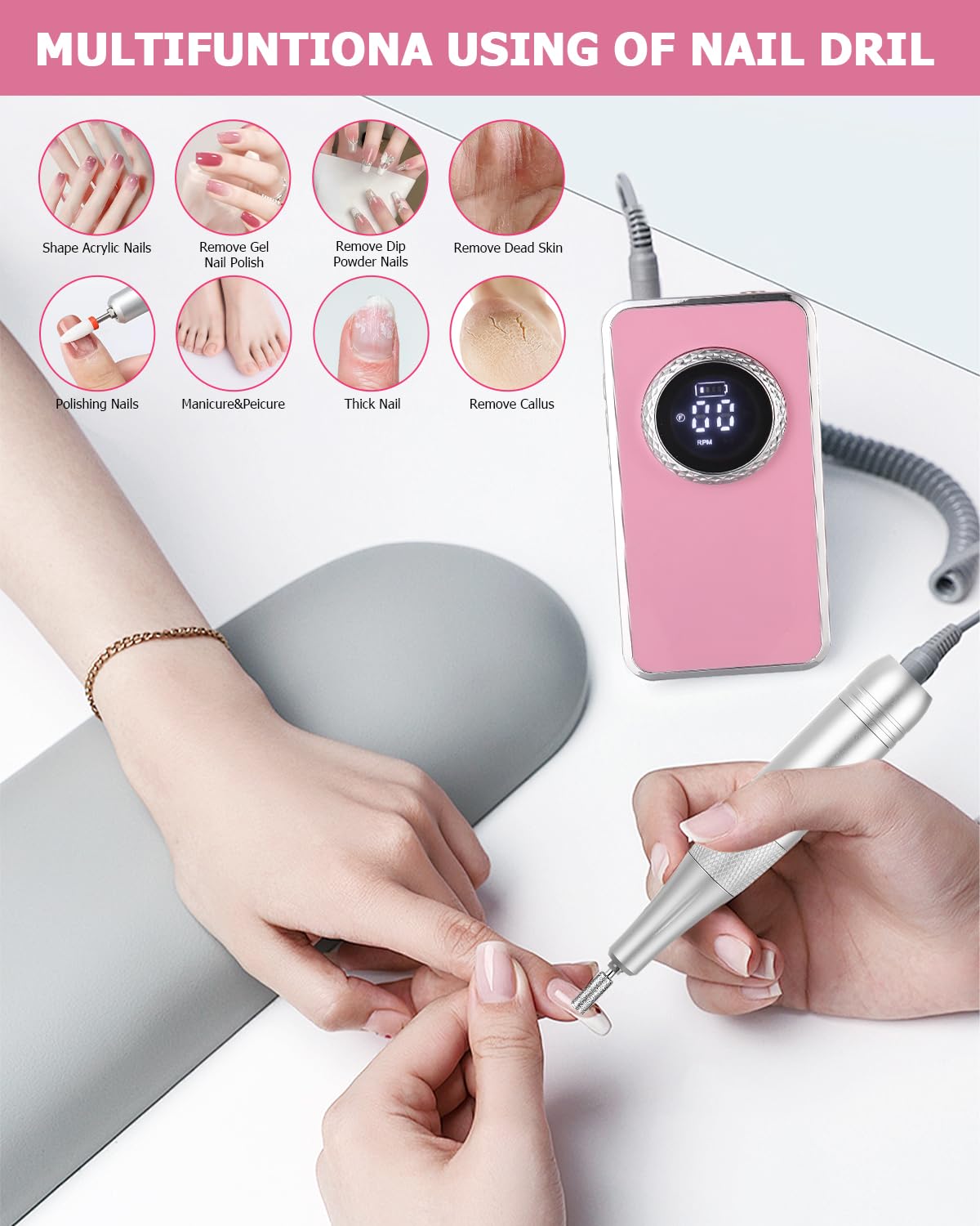 Torno para Uñas Profesional 50000RPM,Taladro Eléctrico para Uñas Profesional,Lima Electrica Uñas,Kit de Lima Portátil para Uñas de Gel con Pantalla LED para Hogar y Salón