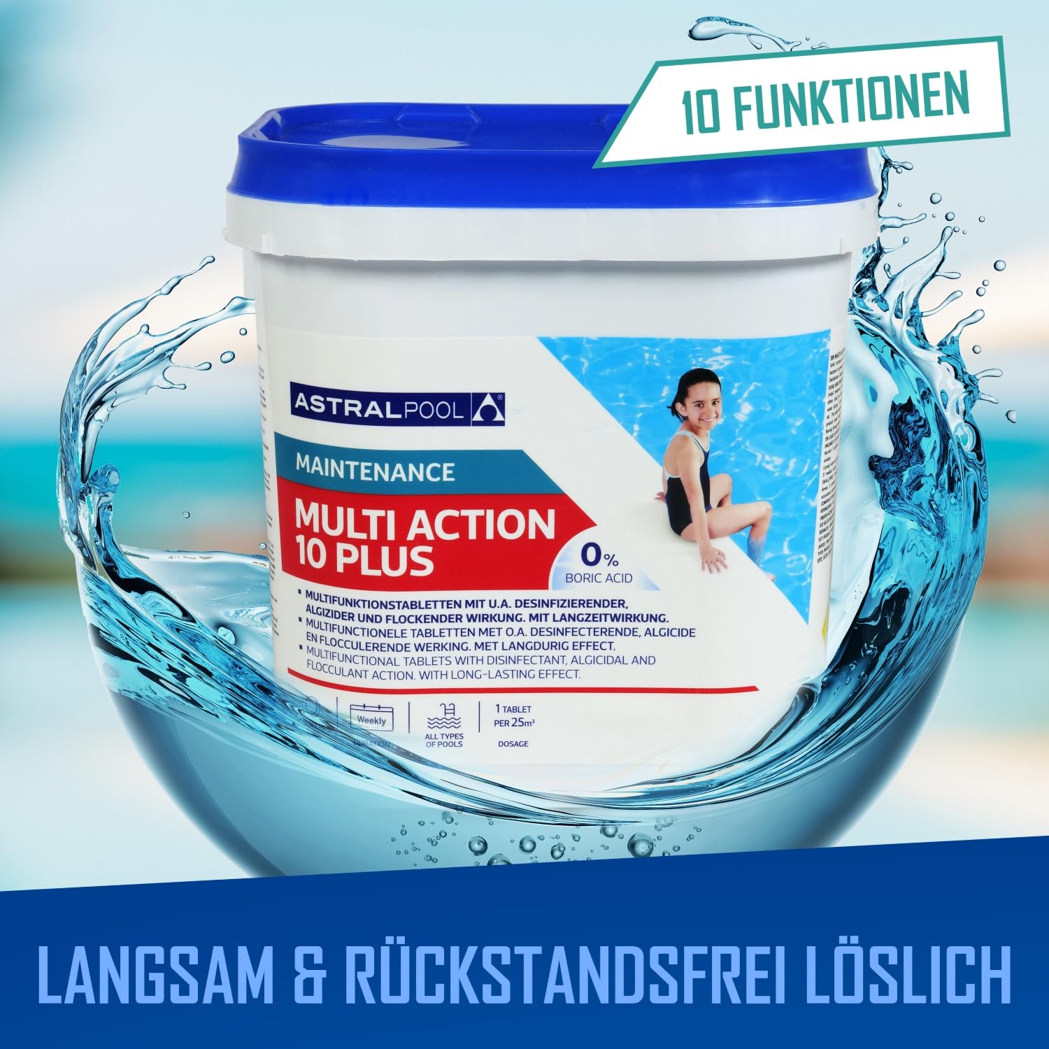 Astral Pool Multi Action 10 Plus - 5 kg Langsam lösliche 10in1 Chlortabletten für Pool Langzeitdesinfektion und Algenkontrolle