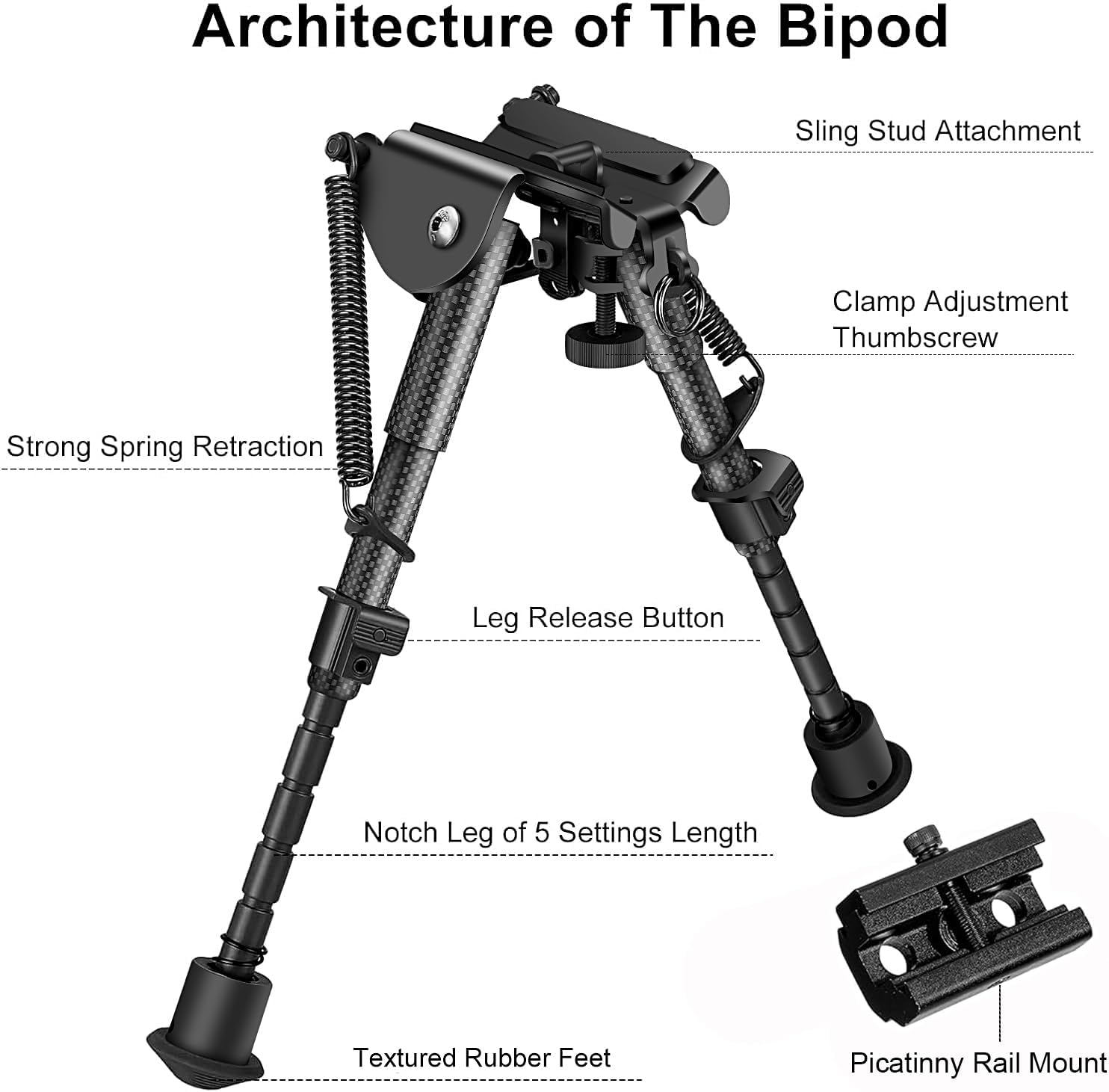 Besrilien 6-9 Inches Carbon Fiber Rifle Bipod with Picatinny Adapter, Black