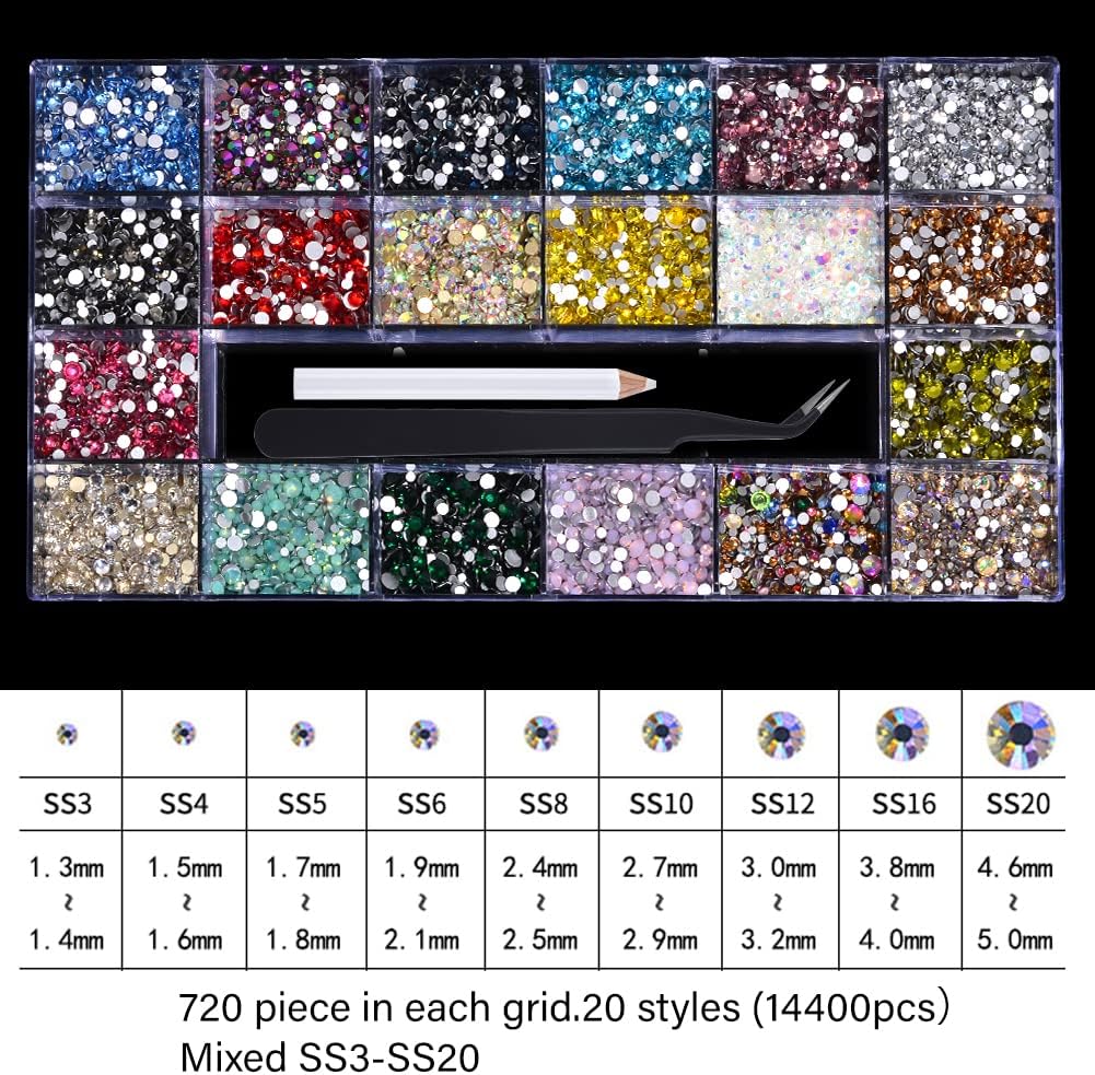 MELINDS 14400Pcs Nail Art Multi-Colored Glass Crystal Stone Decoration Nail Art Rhinestone 3D Flatback Crystals Micro Gems Mini Beads Set with Rhinestones Picker