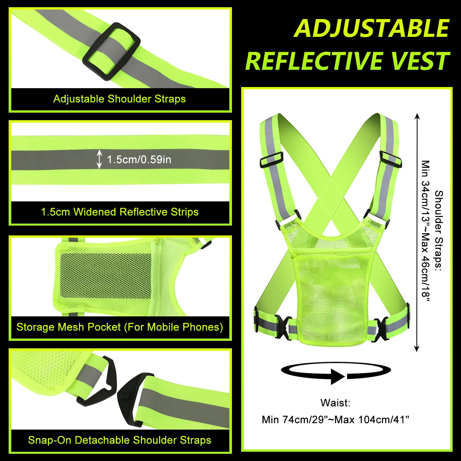 Gilet di Sicurezza, Gilet di Sicurezza Riflettente con 4 Fasce Riflettenti, Regolabile Gilet Antinfortunistici per Ciclismo Ogging Corsa Escursionismo Sport All'aria Aperta