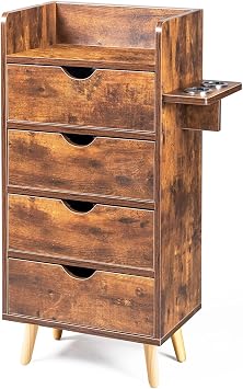 LEADZM 4 -Layer Salon Storage Cabinet,Beauty Barber Salon Styling Station Organizer Equipment,Hair Stylist Station Set with 2 Hair Dryer Holders,4 Drawers and Raised Table Legs,Rustic Brown