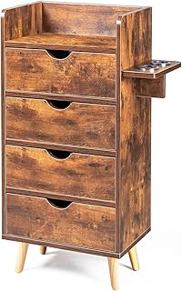 OmySalon 4 -Layer Salon Station Storage Cabinet, Beauty Barber Styling Stations, Hair Stylist Station Equipment with 2 Hair Dryer Holders, 4 Drawers and Raised Table Legs, Rustic Brown