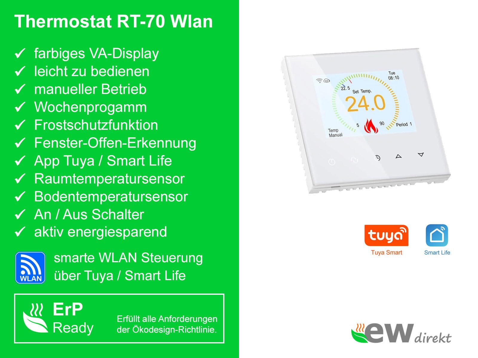 Komplett-Set elektrische Fußbodenheizung UltraPro 160 für Fliesen, Naturstein mit Thermostat RT-70 WLAN Tuya/Smart Life (5 m² - 0,5 x 10 m)