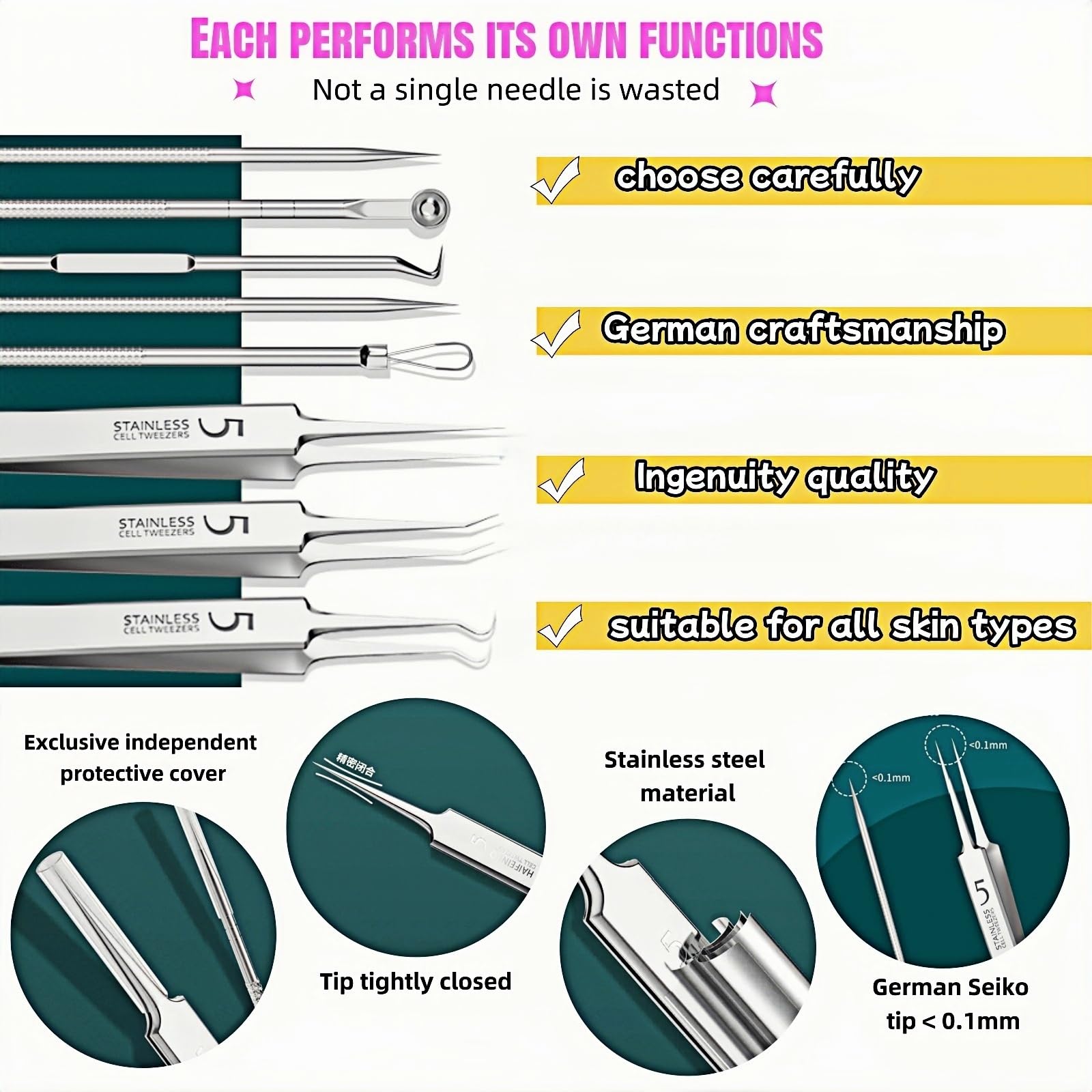8 Stück Mitesser Entferner Werkzeug Kit Professionelle Pickel Popper Extractor Set für Akne, Komedonen, Whiteheads & Hautunreinheiten Edelstahl mit Metallkoffer