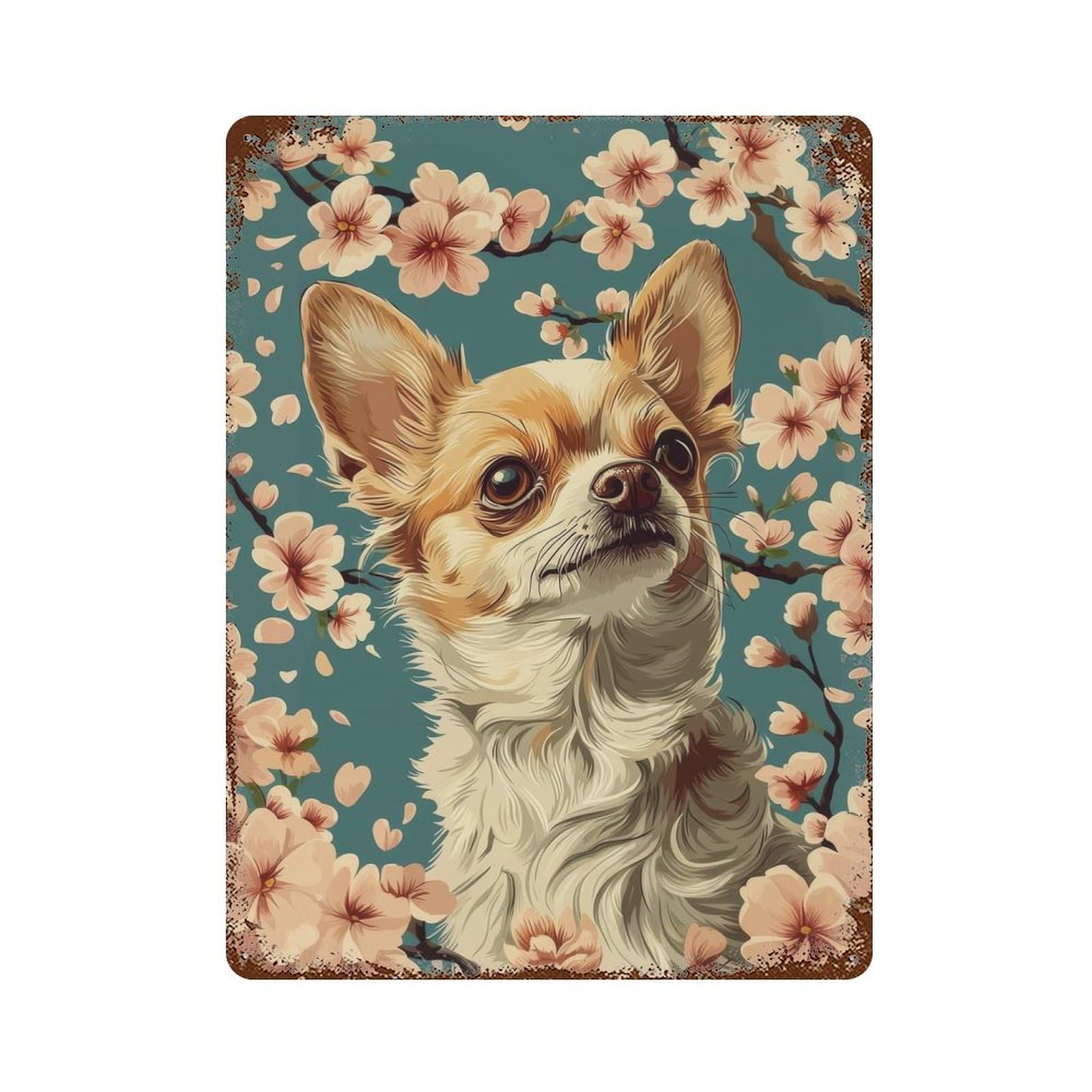 Aged Metal Wall Plaque with Chihuahua with Cherry Blossoms Floral Dog Print Design 15.7"x11.8", for Cafe, Home Bar And Lounge Decor, Novelty Wall Decor