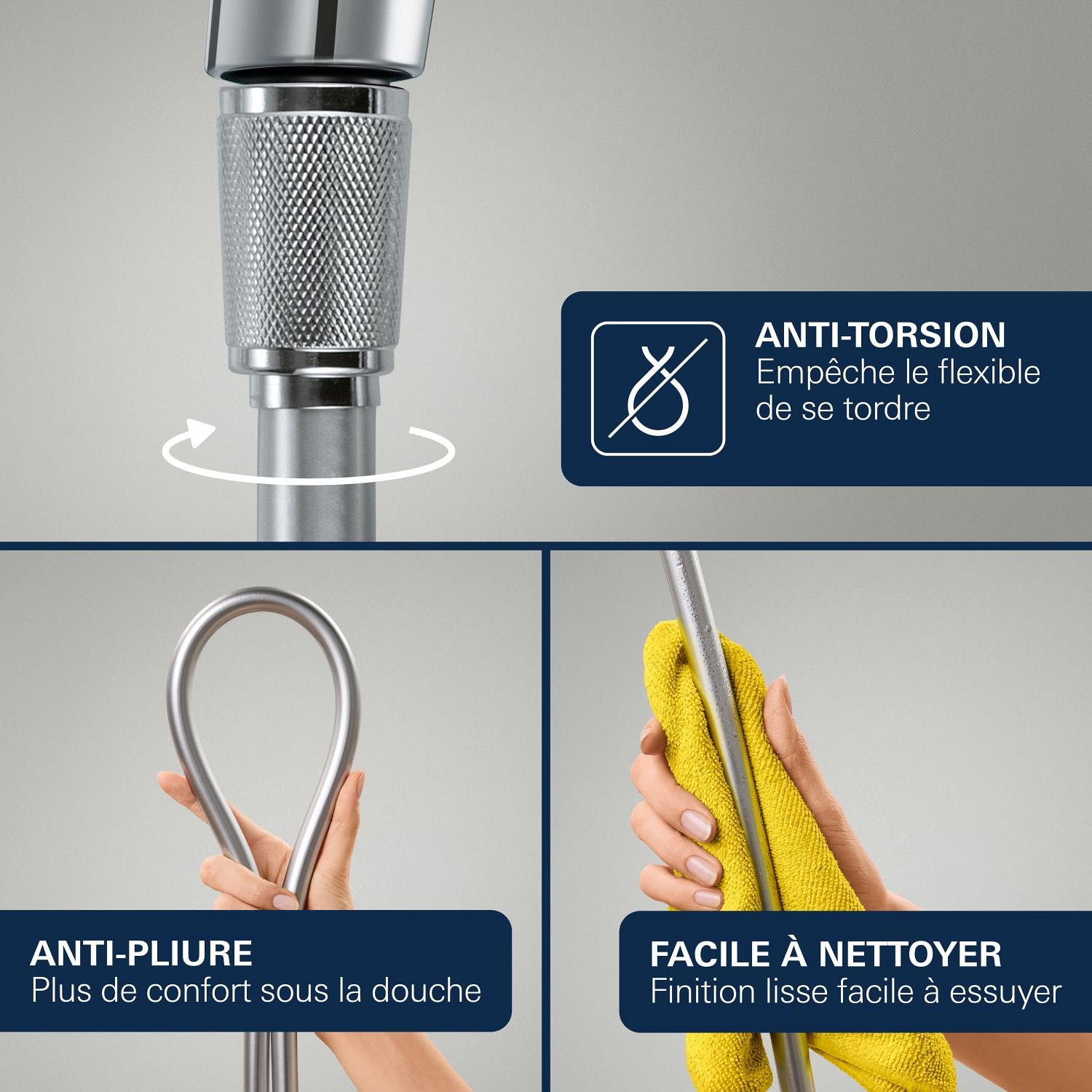 GROHE Vitalio Joy+ 120 Ensemble Pomme de douche & Support Mural, (⌀120 mm, 3 Jets, Économie d’Eau 6,3 l/min, Protection Anti-Brûlure, Flexible 1,5m), Chrome, 1348650000