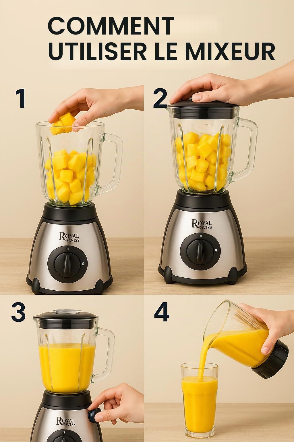 Royal Swiss® Blender 1030W – Mixeur Smoothie, Shake et Glace Pilée – Inox Durable – Bol 1,5 L – Mixeur Familial Haute Puissance pour Cuisine Maison