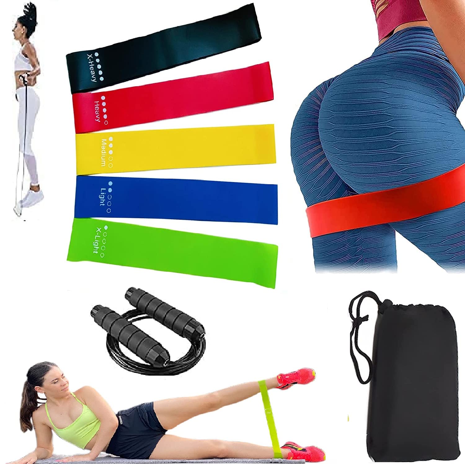 SARAN 5 pcs set with Jumping Rope, latex Resistance Loop Band the best home exercise for Men and Women and kids, Adjustable Steel Skipping Rope with Foam Handles, Jumping Rope.