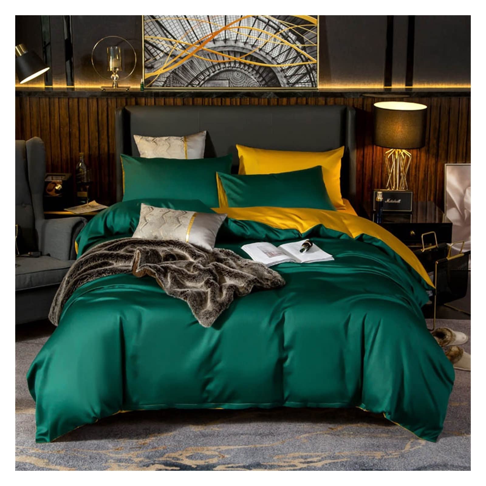 Egyptian Cotton Bedding Set Family Set Twin Queen Size Duvet Cover Bed Sheet and 2Pillow Shams Ultra Soft and Easy Care (Color : Green, Size : UK King 225X220 4Pcs)