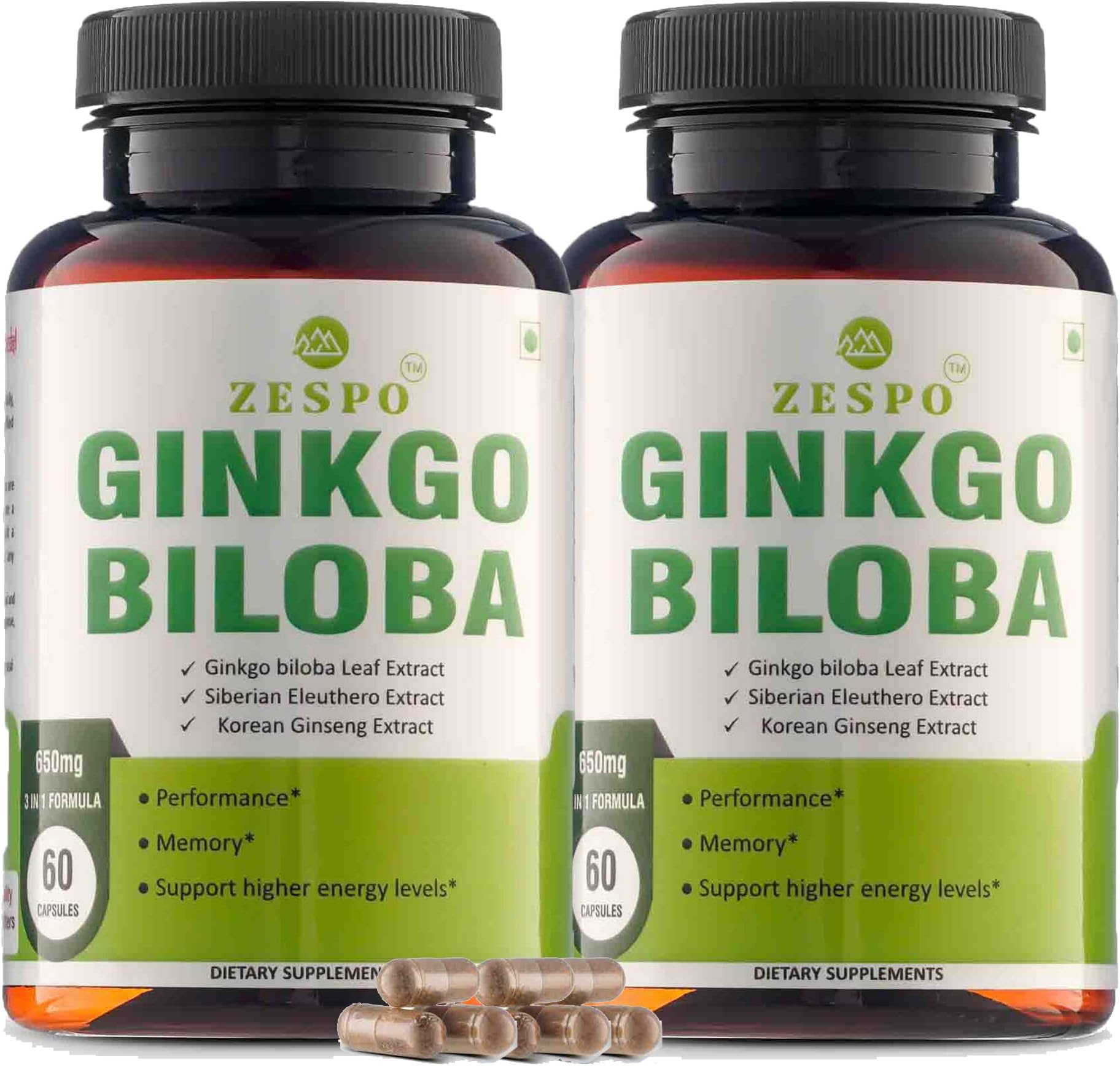 Zespo Ginkgo Biloba with Siberian Eleuthero & Korean Ginseng - 3-in-1 Formula for Enhanced Mental Focus and Energy - Pack of 2