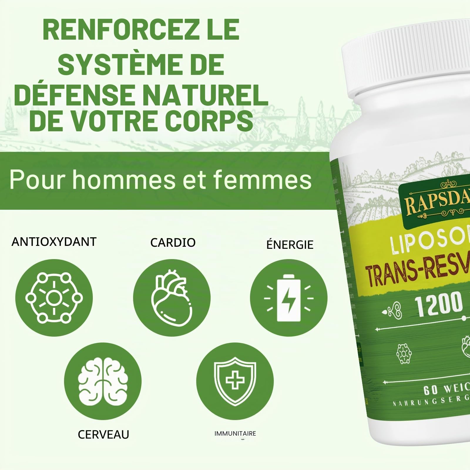 Resvératrol Liposomal 1200 mg, Trans-Resvératrol 98% Pur, Extrait de Renouée du Japon, 120 Gélules