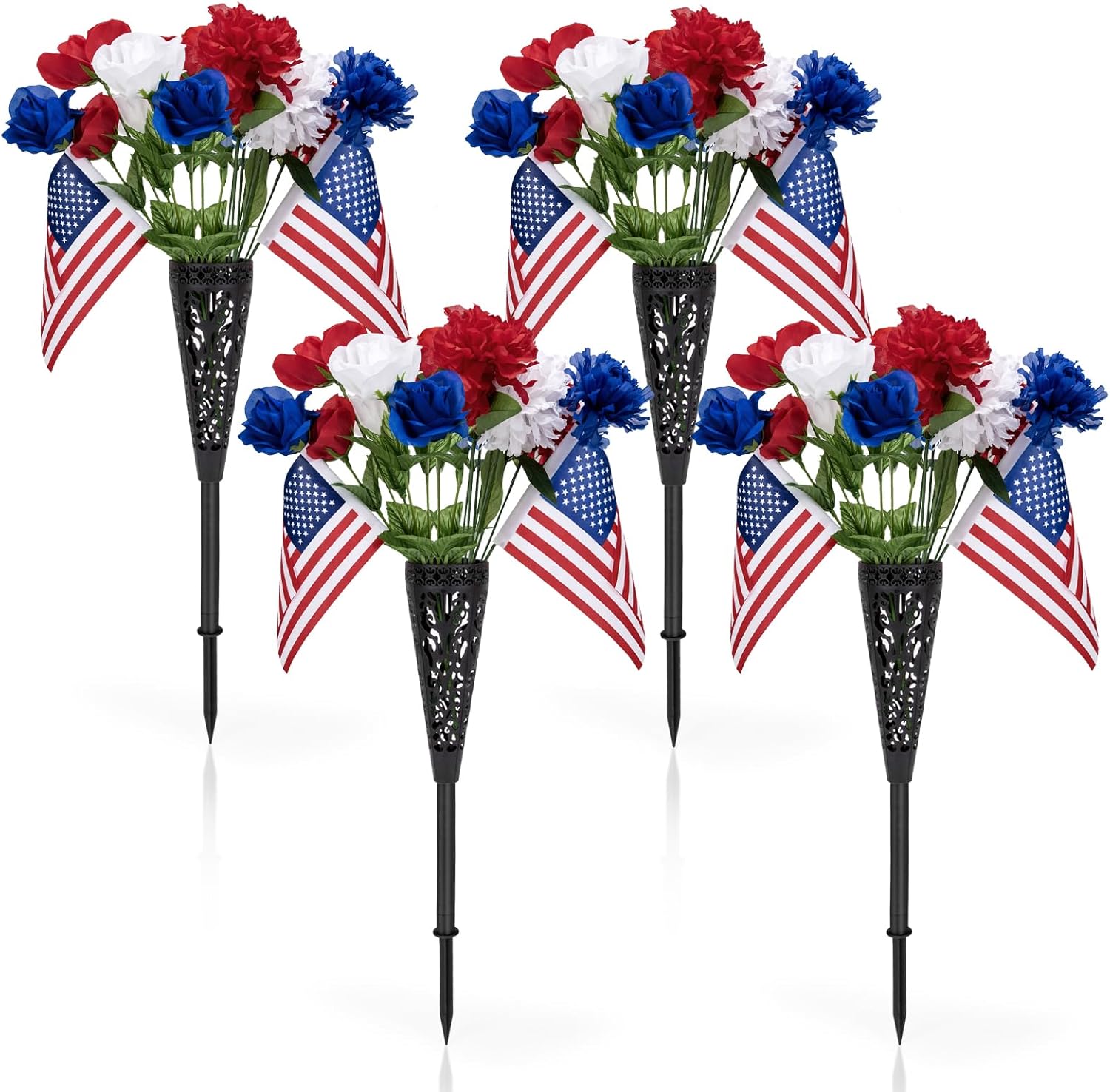 Tryly Memorial Day Flowers for Cemetery, 4 Pcs Memorial Day Grave Flowers with Ground Vase, Patriotic Cemetery Decorations with American Flag for Veterans Graves (Artificial Flowers, 4)