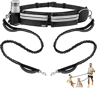 ETACCU Hands Free Dog Leash, Dog Walking Belt for 2 Dogs with Dual Padded Handles and Retractable Bungees, Reflective Waist Leash for Dog Walking Running Hiking Jogging Biking (Black)