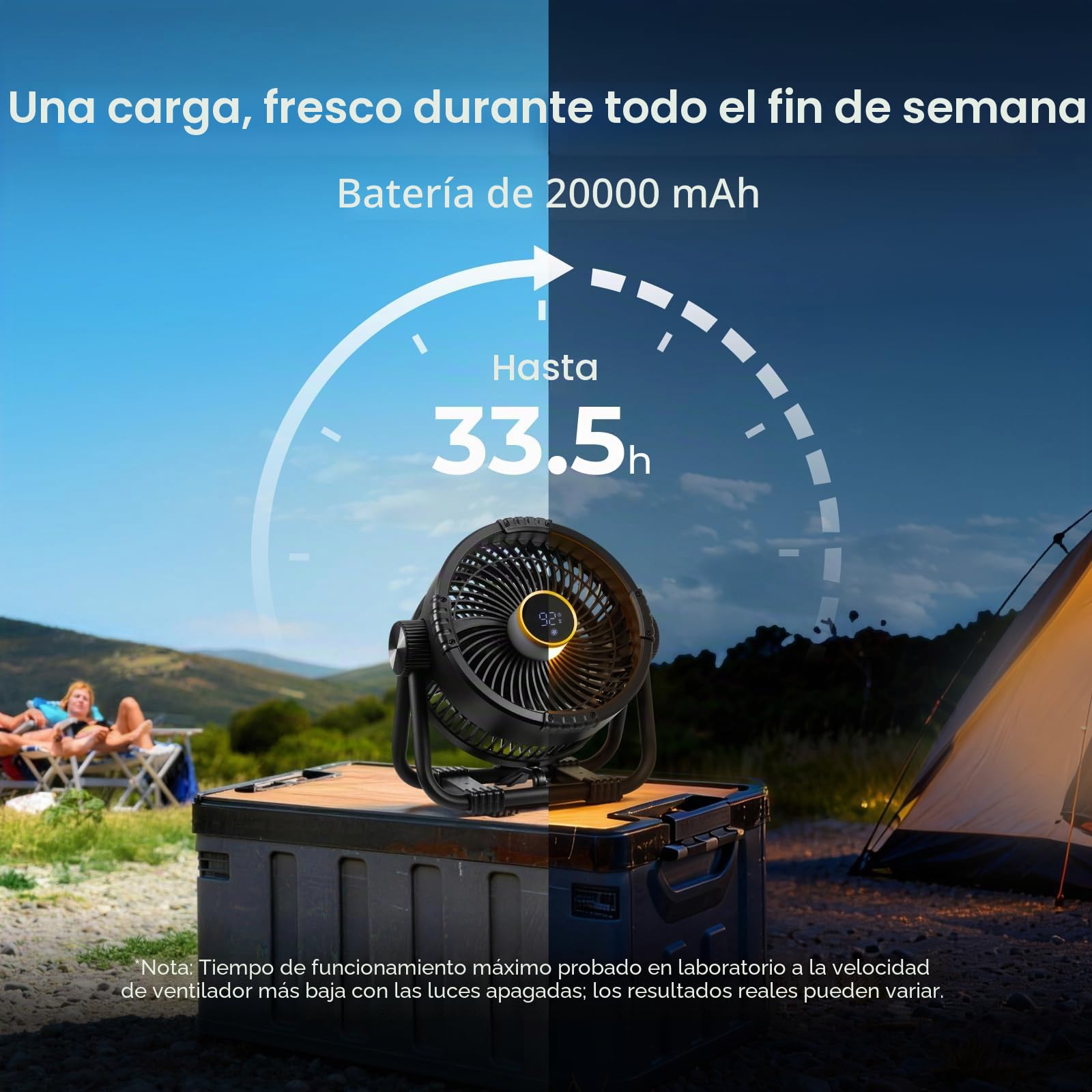 BougeRV F01 Ventilador Portátil Recargable Batería 20000mAh, Soporte de Metal, USB Silencioso y Potente con Luz LED y App para Mesa, Coche, Camper, Furgoneta o Terraza Exterior