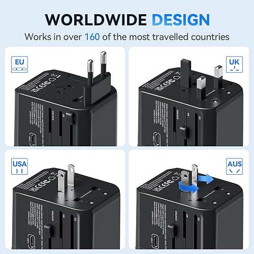 Miniatura 2 de Unidapt - Adaptador de enchufe de alimentación internacional, adaptador universal de viaje con 3 puertos USB C y 2 puertos USB A, cargador de pared