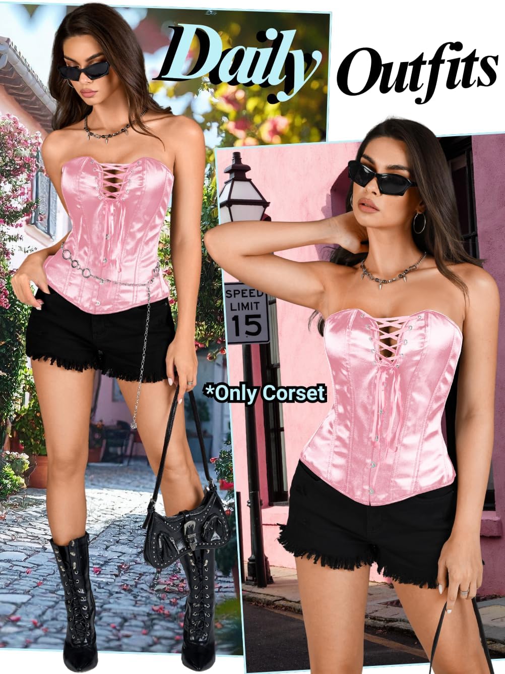 ChiaoLezhee Women's Satin Criss-Cross Corset, Front Hook & Lace-Up Back for Body Shaping, Renaissance Steampunk Gothic