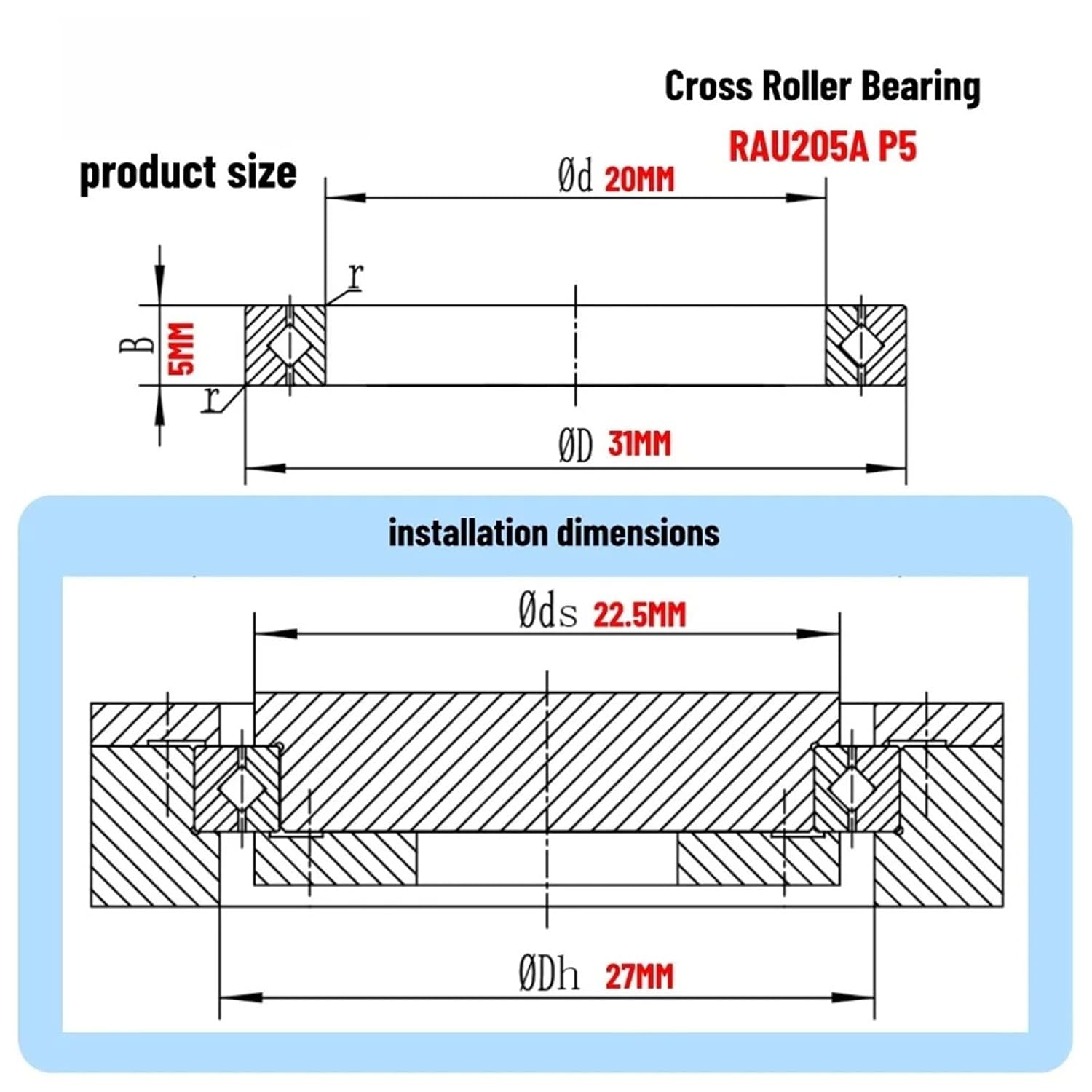 1PCS Precision Thin Cross Roller Bearing RAU205A P5 20X31X5MM Thickness 5MM Bearing Mechanical Arm Joint Reducer Bearings