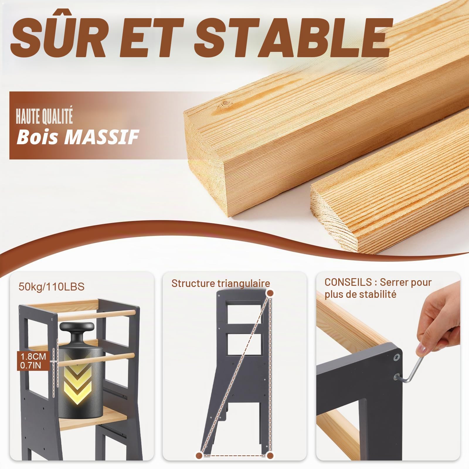 Tour d'Observation Montessori, en Bois Massif avec Garde-Corps de Sécurité, Dispositif Anti-Basculement, Tour d'Observation Enfant Evolutive, Tour d'Observation Bois Convient pour Une Chambre Enfant