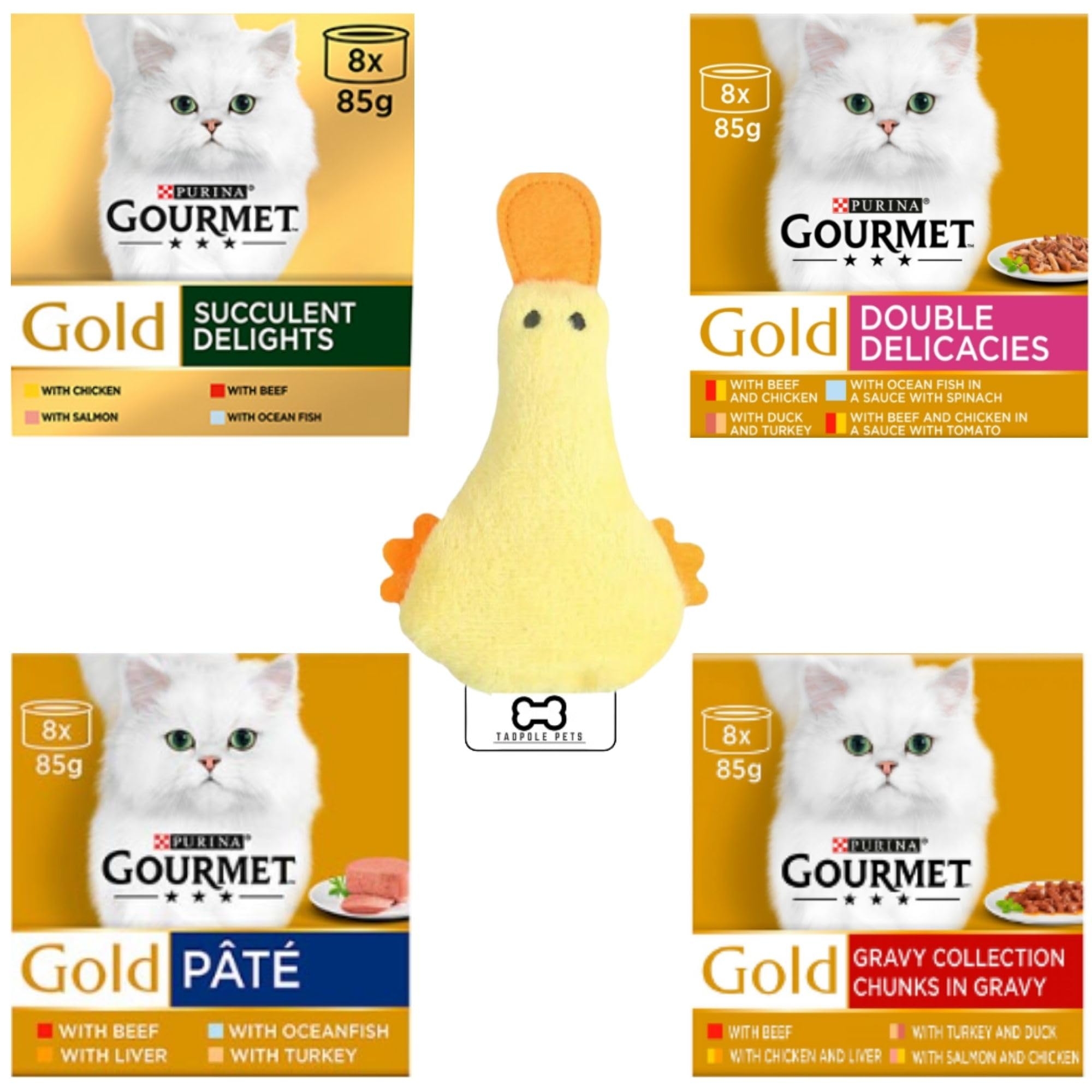 Wet Cat Food Bundle Contains Gourmet Gold Cat Food Bundle Including Pate, Succulent Delights, Chunks in Gravy, Double Delicacies, A Total of 32 Cat Food Wet Tins, 1x Tadpole Pets Catnip Toy.