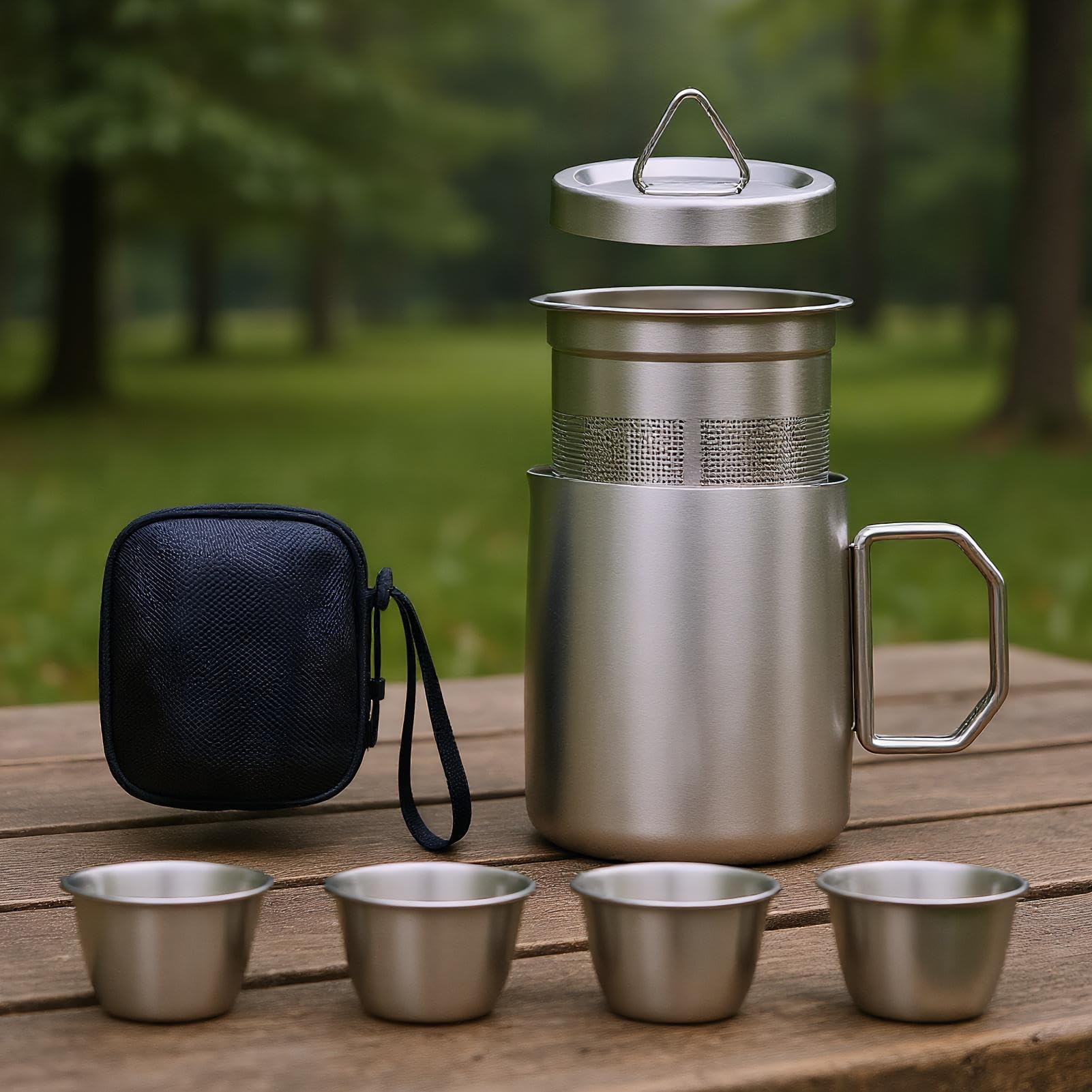 Zestaw Do Herbaty Przenośny Kubek 50 Ml | 4 Filiżanki Z Dzbankiem I Zaparzaczem na świeżym powietrzu, w podróży, na piesze wycieczki, piknik, w domu, wewnątrz, dla