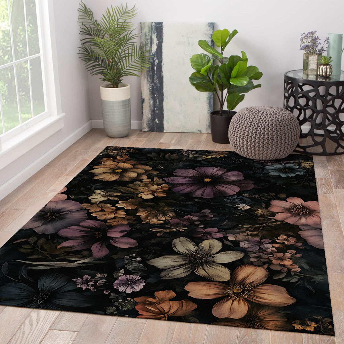 Tapis dark academia antidérapant et stable pour chambre à motif floral rétro