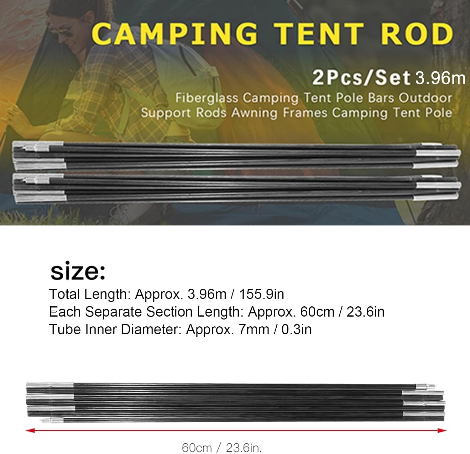 Tent Tarp Poles 3.96m, Universal Fiberglass Replacement Tent Rods, Adjustable Tent Poles Camping Awning Frame Kit Tent Poles Replacement for Outdoor Camping Support image 3