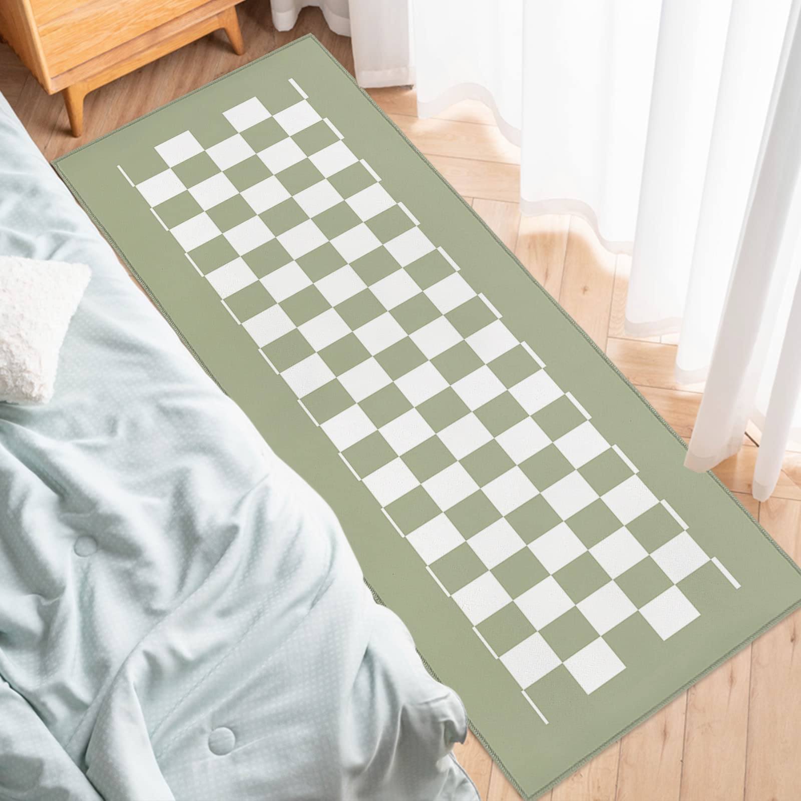Kitchen Runner Rug, Checkerboard Sage Green Checkered Spring Non Slip Runner Carpet Door Mats Floor Mat for Laundry Bedside Bathroom Bedroom 23.6"